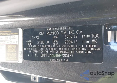 2024 Kia Forte Lxs z USA, uszkodzony, nr VIN 3KPF24AD4RE730477